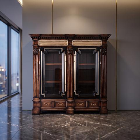 Luxury walnut display cabinet with columns and tall glass doors
