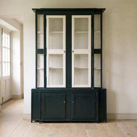 Country house style display cabinet in dark green with light interior