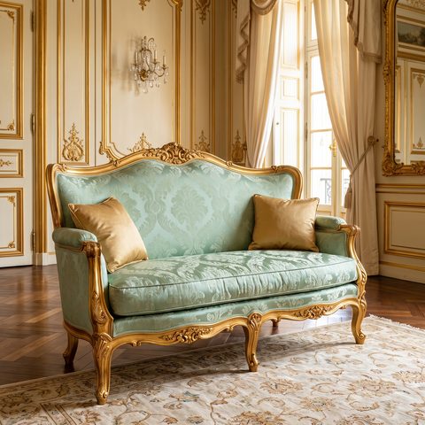 Kindersofa im Barockstil mit vergoldetem Rahmen und mintgrünem Seidendamast