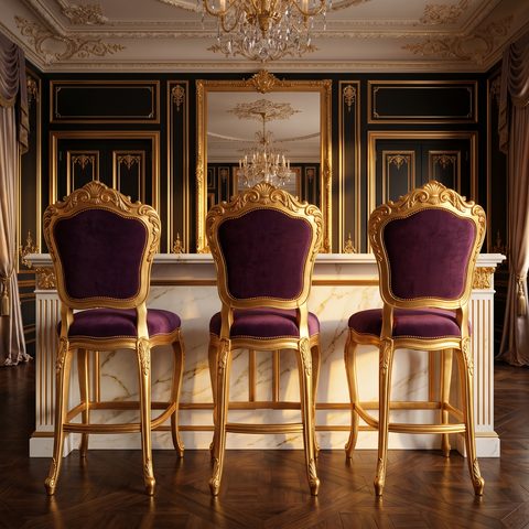 Barhocker im Barockstil mit vergoldeter Lehne und aubergine Samt an einer Marmortheke