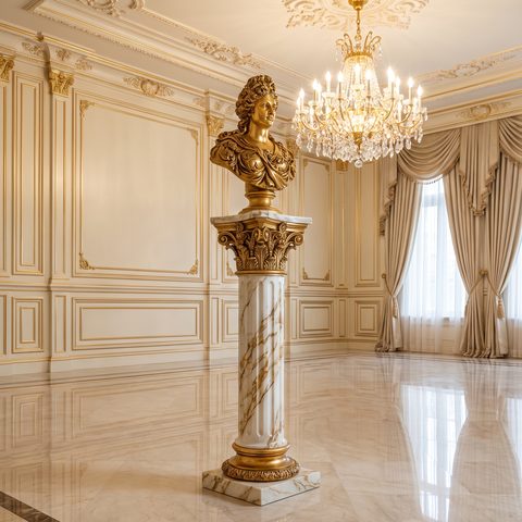 Barock Säule aus Marmor mit vergoldetem Kapitell als Sockel für eine Büste