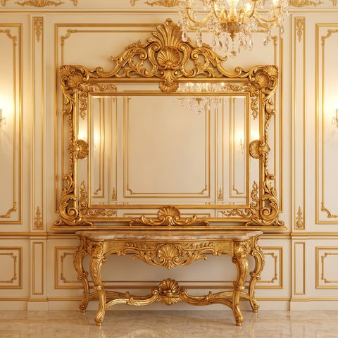 Großer Barock Spiegel mit reich geschnitztem Goldrahmen über einer Konsole