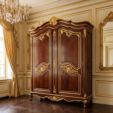 Barock Schrank aus Mahagoni mit vergoldeten Schnitzereien und geschweiftem Kranz
