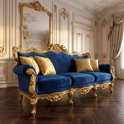 Barock Sofa mit saphirblauem Samt und vergoldetem Schnitzrahmen vor Goldvertäfelung