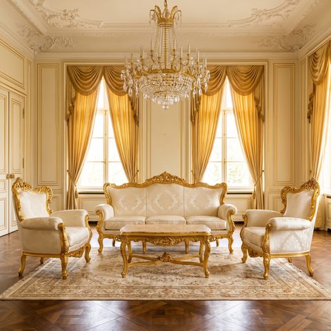 Barock Sofa Set aus Sofa und zwei Sesseln mit vergoldeten Rahmen im Prunksalon