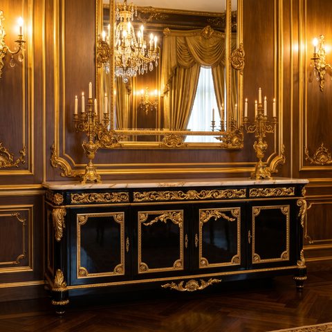 Barock Sideboard in schwarzem Hochglanz mit Goldschnitzerei und Marmorplatte