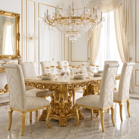 Luxus Barock Esszimmer Set mit vergoldetem Schnitzfuß und Kristallleuchter im Prunksaal