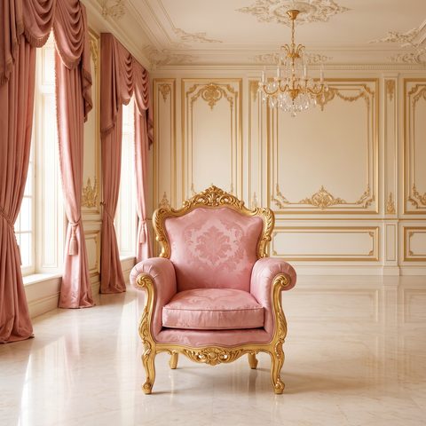 Kindersessel im Barockstil mit Goldrahmen und rosa Seidendamast im Kinderzimmer