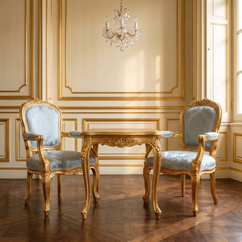 Kinderstühle im Barockstil mit vergoldetem Rahmen und hellblauen Sitzen