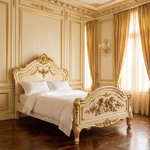 Kinderbett im Barockstil mit geschnitztem Kopfteil in Elfenbein und Gold