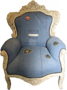 Casa Padrino Sillón Barroco King en Estilo Jeans y Crema Antiguo 85 x 85 x Al. 120 cm - Muebles Barrocos de Lujo Casa Padrino Sillón Barroco King en Estilo Jeans y Crema Antiguo 85 x 85 x Al. 120 cm - Muebles Barrocos de Lujo
