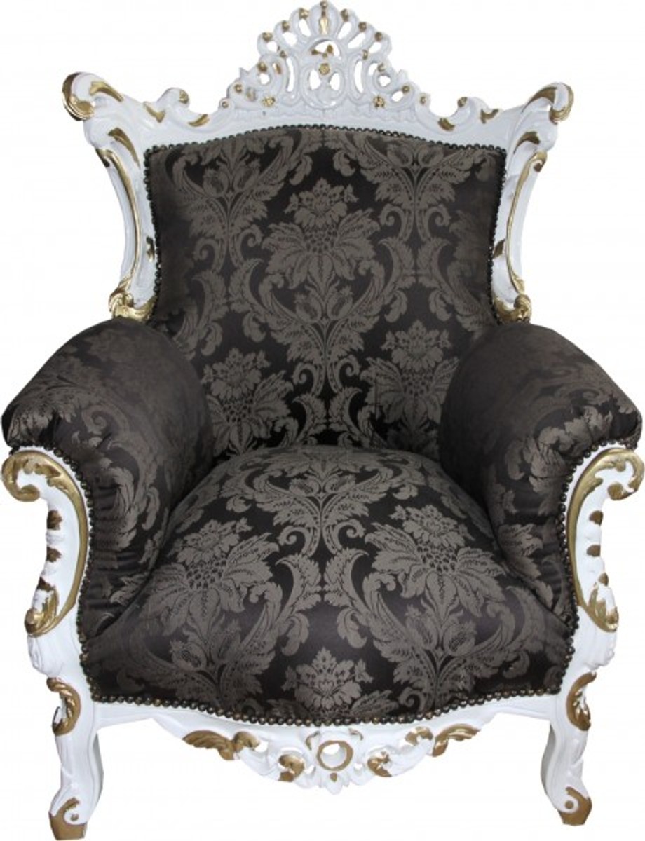 Casa Padrino Barock Sessel Al Capone im Antik Stil - Schwarz Muster und Weiß mit Gold Bemalung - 90 x 80 x H. 127 cm