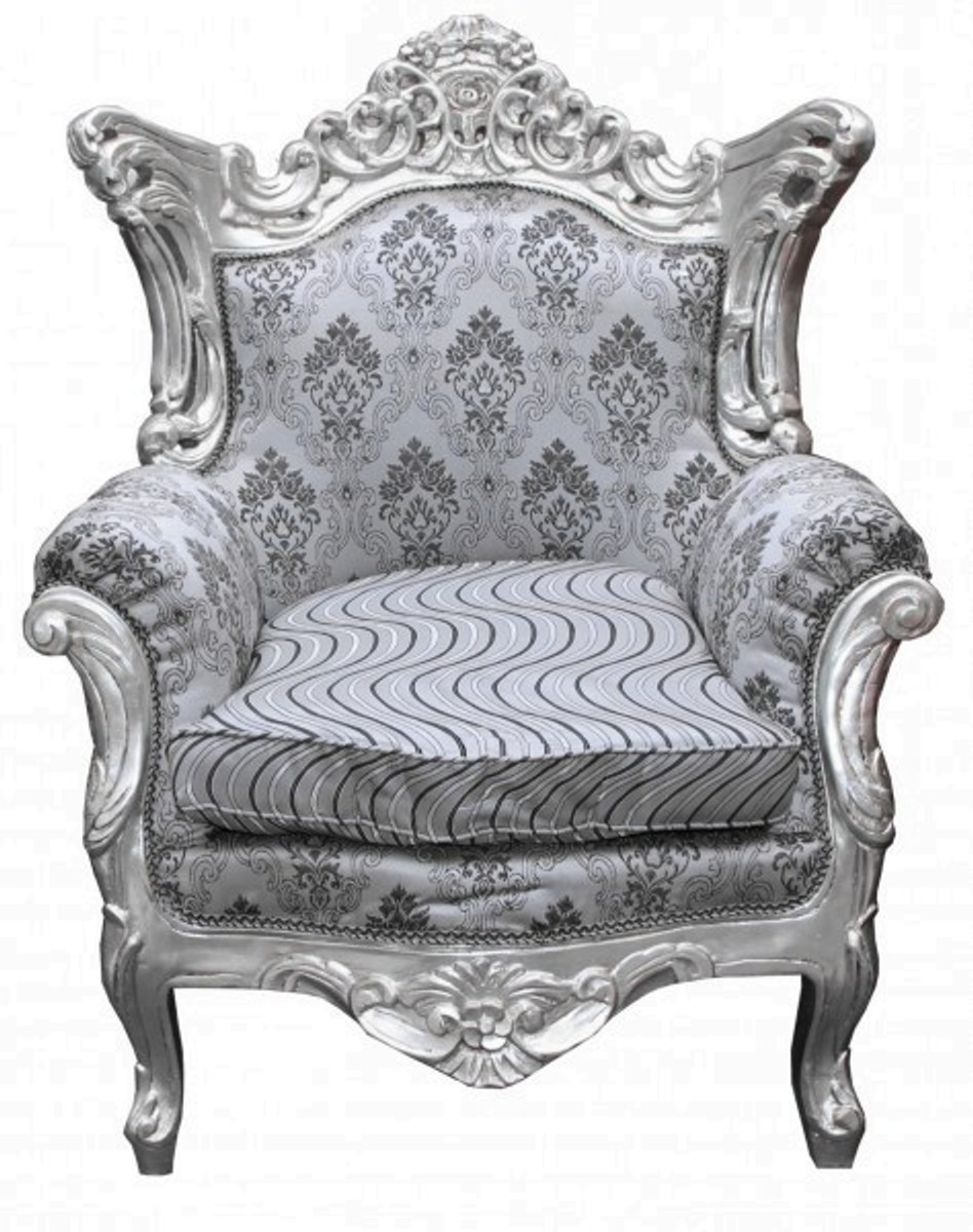 Casa Padrino Barock Sessel Al Capone im Antik Stil, Grau Muster / Silber, 85 x 65 x H. 127 cm Casa Padrino Barock Sessel Al Capone im Antik Stil, Grau Muster / Silber, 85 x 65 x H. 127 cm