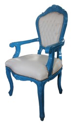 Dîner baroque Chaise Bleu / Blanc aspect cuir avec accoudoirs