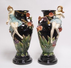 Casa Padrino Baroque porcelain vase set with flower girl - H 43 cm (2 pieces) - luxury ceramic vases Casa Padrino Baroque porcelain vase set with flower girl - H 43 cm (2 pieces) - luxury ceramic vases