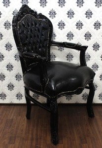 Silla de comedor Casa Padrino barroca con la mirada de los apoyabrazos de cuero negro / Negro
