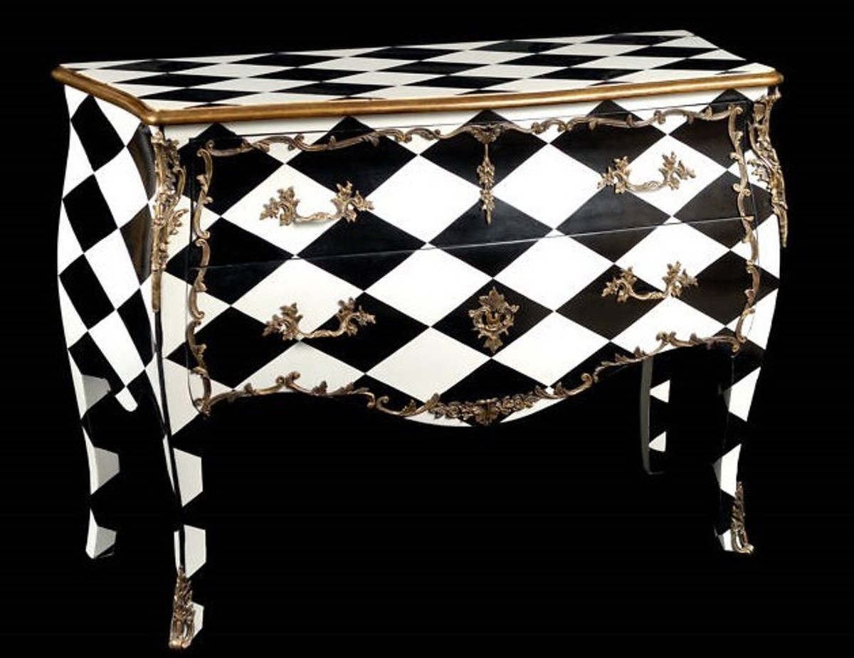 Casa Padrino Barock Kommode Schwarz / Weiß Karo mit goldenen Metall Applikationen