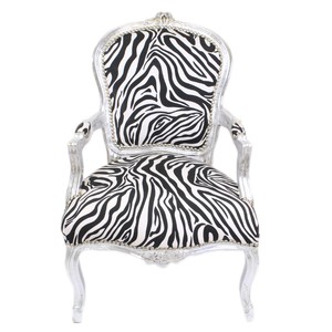 Casa Padrino Baroque Salon Chair Zebra / Silver with Armrests - Baroque Furniture Casa Padrino Baroque Salon Chair Zebra / Silver with Armrests - Baroque Furniture