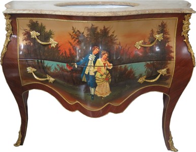 Lavabo Baroque Casa Padrino marron avec peinture et dessus en marbre crème - meuble de salle de bain baroque de luxe Lavabo Baroque Casa Padrino marron avec peinture et dessus en marbre crème - meuble de salle de bain baroque de luxe