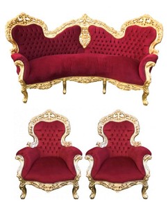 Sofá barroco Casa Padrino Adorne Bordeaux / Gold + 2 Sillones - Living Baroque - Edición limitada Sofá barroco Casa Padrino Adorne Bordeaux / Gold + 2 Sillones - Living Baroque - Edición limitada