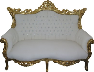 Divano a due posti Casa Padrino Baroque Master in similpelle bianca / oro con strass Bling bling - Mobili in stile antico - Limied Edition Divano a due posti Casa Padrino Baroque Master in similpelle bianca / oro con strass Bling bling - Mobili in stile antico - Limied Edition
