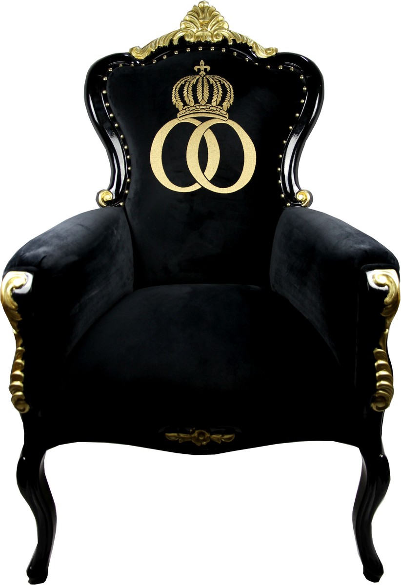 Pompöös di Casa Padrino lusso poltrona barocca Bergere nero / oro con corona d'oro - Poltrona Pompööser barocco progettato da Harald Glööckler Pompöös di Casa Padrino lusso poltrona barocca Bergere nero / oro con corona d'oro - Poltrona Pompööser barocco progettato da Harald Glööckler