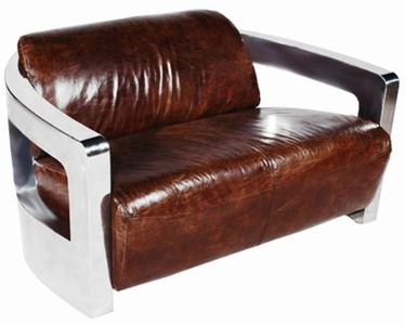 Casa Padrino Sofá de 2 plazas de lujo en piel auténtica estilo inglés Marrón oscuro / Plata 123 x 83 x Al. 70 cm