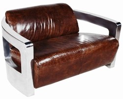 Casa Padrino Sofá de 2 plazas de lujo en piel auténtica estilo inglés Marrón oscuro / Plata 123 x 83 x Al. 70 cm