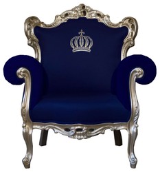 Casa Padrino Poltrona Barocca di Lusso Pompöös by Harald Glööckler, Motivo Corona, Blu / Oro, 95 x 80 x 105 cm Casa Padrino Poltrona Barocca di Lusso Pompöös by Harald Glööckler, Motivo Corona, Blu / Oro, 95 x 80 x 105 cm