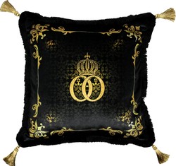 Casa Padrino Harald Glööckler Luxus Barock Kissen Pompöös Schwarz / Gold mit Krone, Strasssteinen und Troddeln 50 x 50 cm