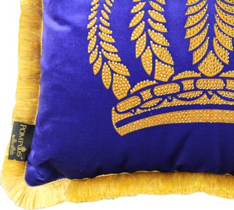 Casa Padrino Luxus Dekokissen Pompöös by Harald Glööckler Blau / Gold mit Krone und Strass Steinen 50 x 50 cm