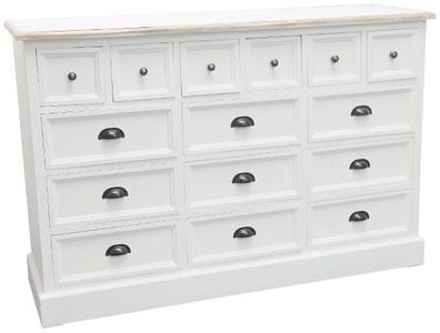 Casa Padrino Cómoda boticaria estilo casa de campo blanco antiguo / natural 141 x 47 x H. 96 cm con 15 cajones