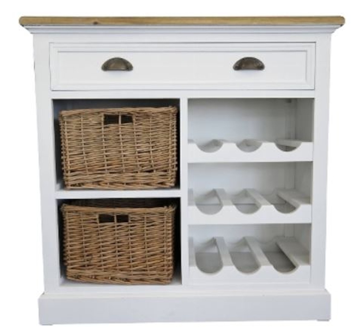 Casa Padrino country style chest with drawer and 2 rattan baskets antique white / natural colors 80 x 35 x H. 80 cm - Handcrafted Chest with Bottle Rack Casa Padrino country style chest with drawer and 2 rattan baskets antique white / natural colors 80 x 35 x H. 80 cm - Handcrafted Chest with Bottle Rack