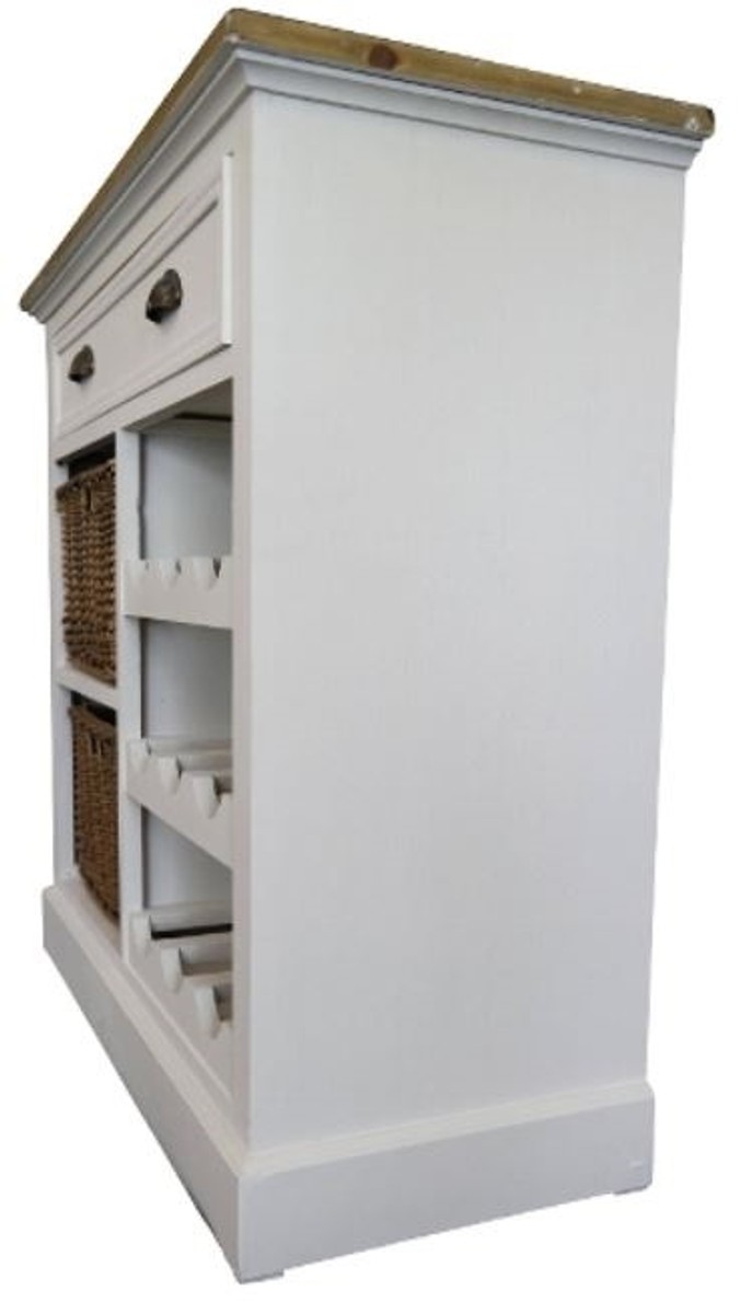 Casa Padrino country style chest with drawer and 2 rattan baskets antique white / natural colors 80 x 35 x H. 80 cm - Handcrafted Chest with Bottle Rack Casa Padrino country style chest with drawer and 2 rattan baskets antique white / natural colors 80 x 35 x H. 80 cm - Handcrafted Chest with Bottle Rack