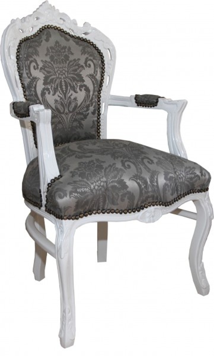 Casa Padrino Baroque Dinner Chair with armrests gray pattern / White - Antique Furniture - Limited Edition Casa Padrino Baroque Dinner Chair with armrests gray pattern / White - Antique Furniture - Limited Edition