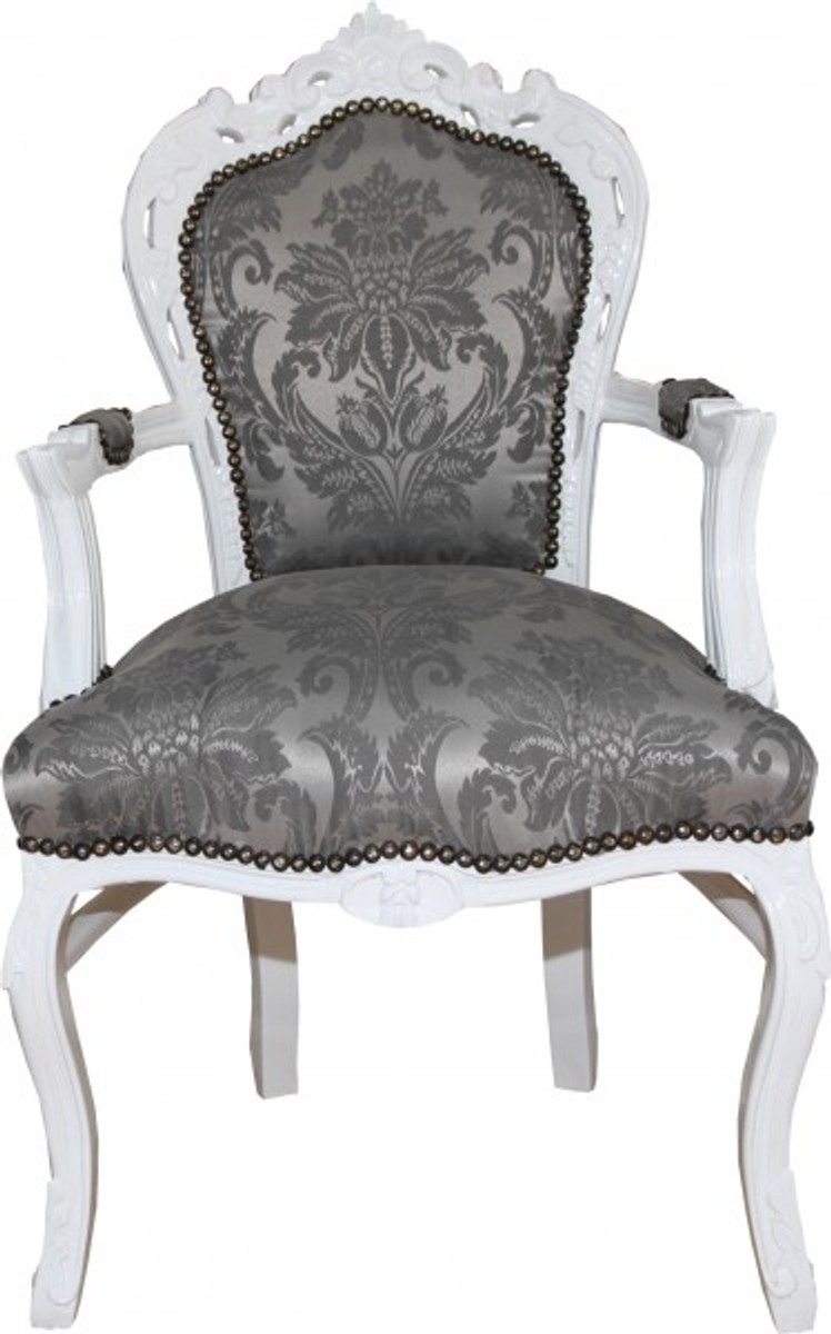 Casa Padrino Baroque Dinner Chair with armrests gray pattern / White - Antique Furniture - Limited Edition Casa Padrino Baroque Dinner Chair with armrests gray pattern / White - Antique Furniture - Limited Edition