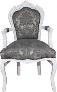 Silla de comedor Casa Padrino barroca con reposabrazos Modelo gris / blanco - Muebles Antiguos - Edición Limitada