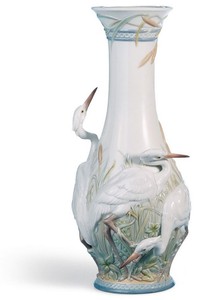 Casa Padrino Vaso di lusso in porcellana Cicogne Bianco / Multicolore Ø 17 x H. 35 cm - Elegante complemento d'arredo