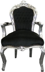 Casa Padrino Chaise de Salle à Manger Baroque avec Accoudoirs Noir/Argent, 108 cm, Bois Massif, Velours