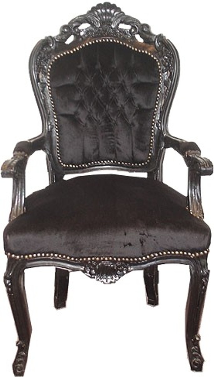 Casa Padrino Barock Esszimmer Stuhl mit Armlehnen Schwarz Schwarz Samtstoff Baroque Arm Chair Black Velvet Casa Padrino Barock Esszimmer Stuhl mit Armlehnen Schwarz Schwarz Samtstoff Baroque Arm Chair Black Velvet
