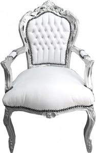 Silla de comedor Casa Padrino barroca con apoyabrazos aspecto de cuero blanco / plata - estilo antiguo Muebles Silla de comedor Casa Padrino barroca con apoyabrazos aspecto de cuero blanco / plata - estilo antiguo Muebles