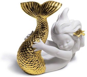 Casa Padrino Figura de Sirena de Porcelana de Lujo Blanco / Oro 12 x H. 10 cm - Decoración de Salón de Lujo