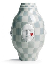 Casa Padrino Vaso di design in porcellana Bianco / Grigio / Rosso Ø 31 x H. 52 cm - Decorazione di lusso fatta e dipinta a mano