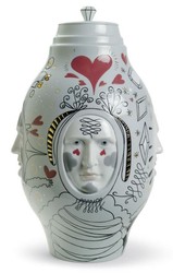 Casa Padrino Jarrón de Diseño de Porcelana con Tapa Gris / Multicolor Ø 27 x H. 39 cm - Objeto de Decoración de Lujo Hecho a Mano