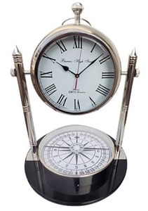 Casa Padrino Table Clock with Compass in Classic Style Silver / Black Ø 48 x H. 63.5 cm - Luxury Home Decor