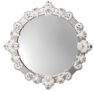 Casa Padrino Specchio da Parete di Design Argento e Bianco, Ø 124 cm, Specchio di Lusso con Decorazione in Porcellana Spagnola Fatta a Mano