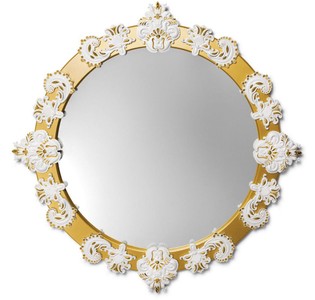 Casa Padrino Espejo de Pared de Diseño Oro / Blanco Ø 124 cm - Espejo de Lujo con Decoración de Porcelana Española Hecha a Mano