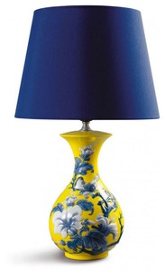 Casa Padrino Lampe de table de luxe en porcelaine Moineaux & Fleurs Jaune Bleu Blanc Ø 30 x H. 51 cm