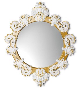 Casa Padrino Espejo de Pared de Diseño Oro / Blanco 72 x H. 90 cm - Espejo de Lujo con Decoración de Porcelana Española Hecha a Mano