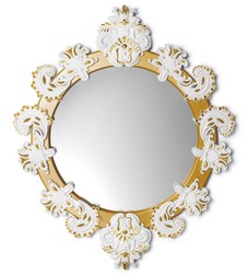 Casa Padrino Espejo de Pared de Diseño Oro / Blanco 72 x H. 90 cm - Espejo de Lujo con Decoración de Porcelana Española Hecha a Mano